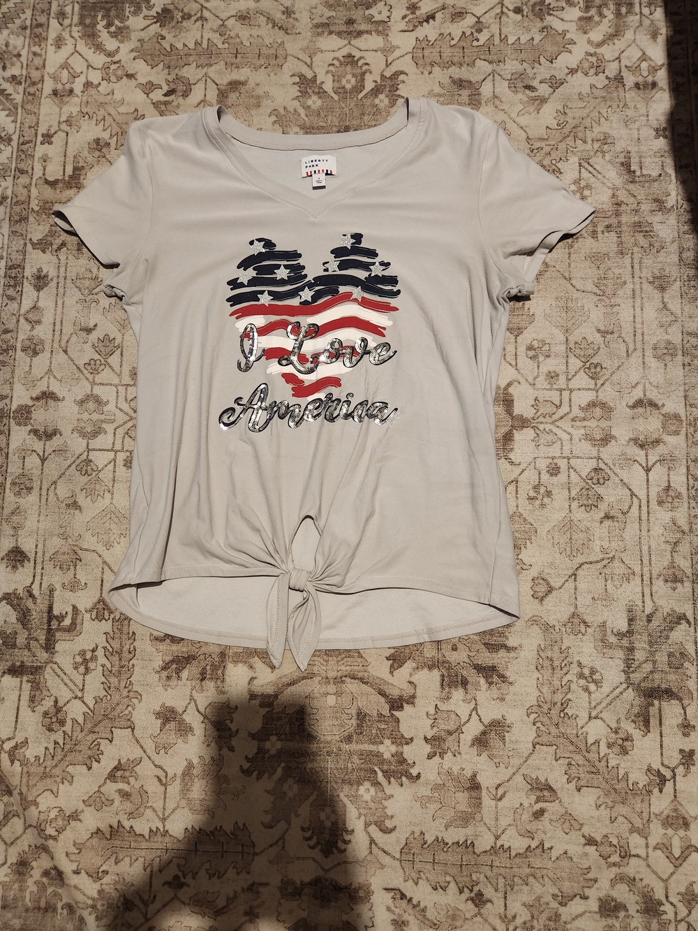 liberty Light Gray Tie-Front Tee with Flag Heart Graphic